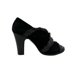 Chie Mihara 37 Black Suede Ankle Booties Fringe Peep Toe 3.5in Block Heel Boho